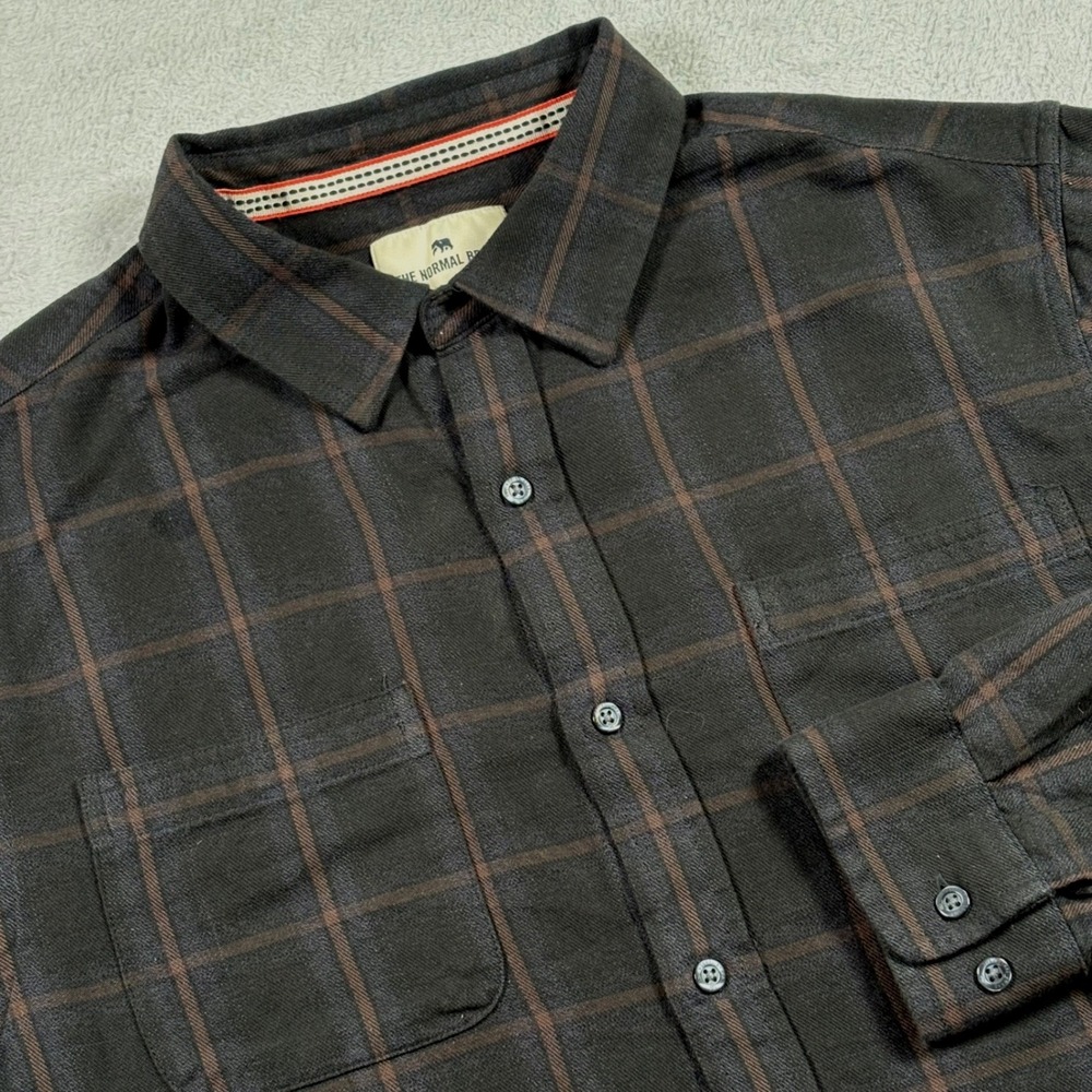 The Normal Brand Men Plaid Button Down Shirt Large Charcoal Brown Cotton Shacket
